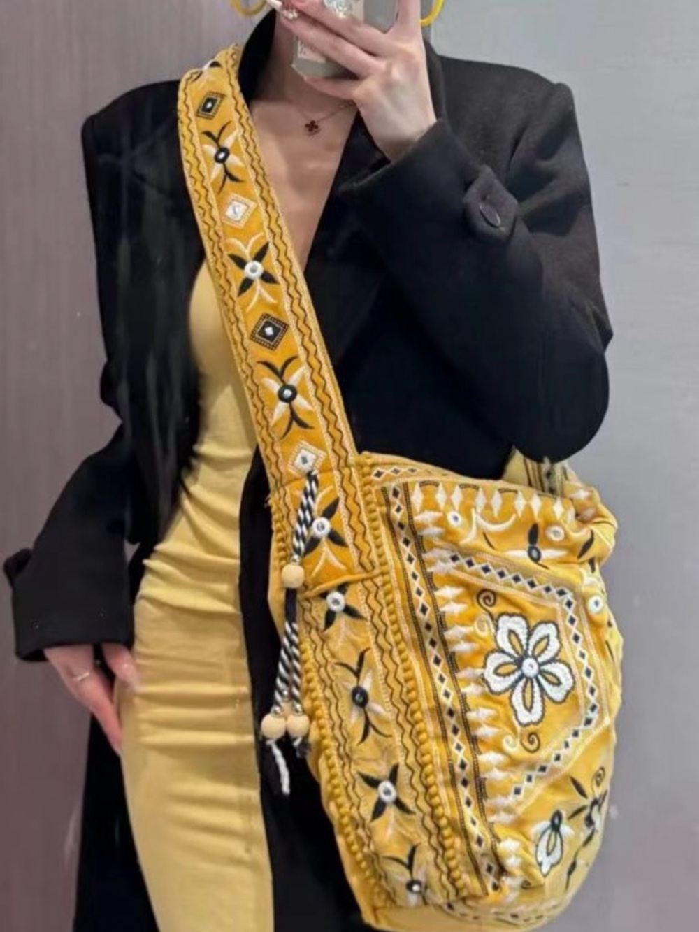 Yellow Embroidered Bucket Shoulder Bag - Boho Floral Crossbody